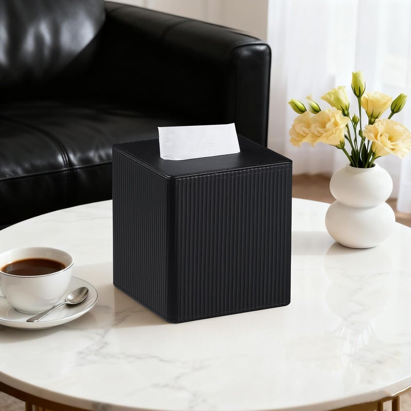 Cretkhp Tissue Box Cover Square with Magnetic Closure, PU Leather Tissue Box Holder for Bathroom NightStands Livingroom, Decorative Modern Square Tissue Holder (Black) - Image 2
